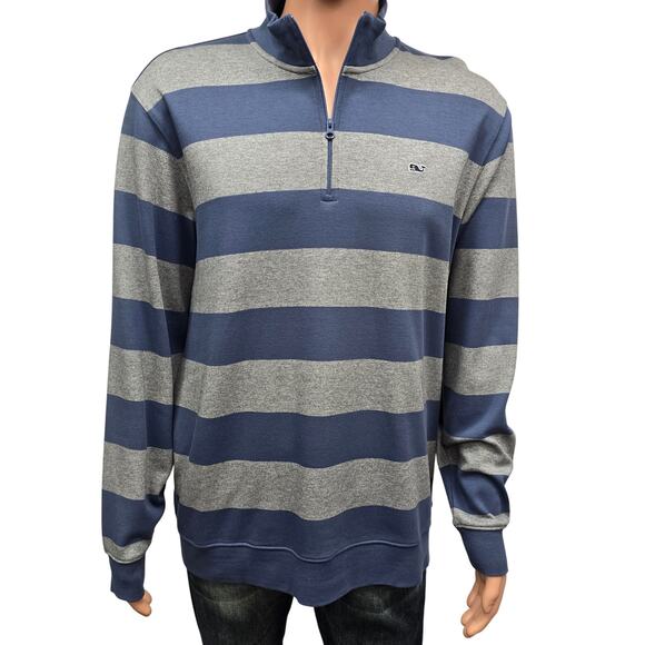 VINEYARD VINES Saltwater 1/4 Quarter Zip Sweater Men L Blue Gray Striped Cotton - Picture 1 of 11